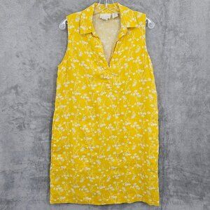 Cynthia Rowley Linen Shift Dress 10 Yellow White Floral Collared Pockets Breezy